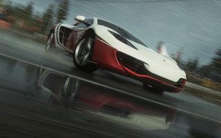 Red white car rain reflection - a wet road in the rain free wallpaper