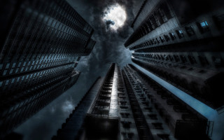 Brutalist architecture cityscape moon night - brutalism free wallpaper