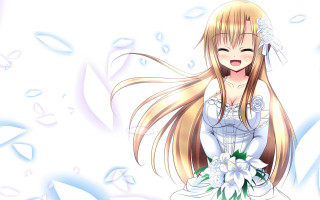 Woman longhair whitedress bouquet smiling - a bouquet of flowers free wallpaper