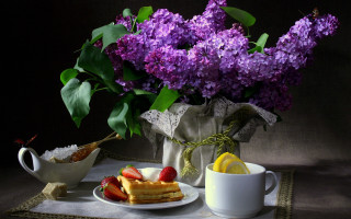 Pancakes coffee flowers tea kettle - impressionism free wallpaper