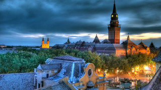 City clocktower night cloudy matte - a view of a city free wallpaper