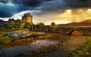 Castle bridge river field mountain - david paton free wallpaper