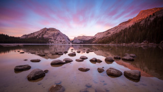 Lake rocks mountains sunset clouds - the water and mountains free wallpaper