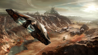 Futuristic fighter plane desert city - a futuristic city in the background free wallpaper