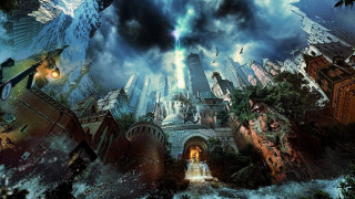 Fantasy cityscape woman clouds birds - cloud and birds free wallpaper