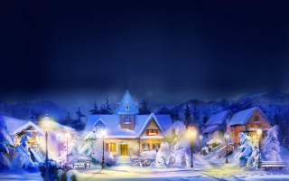 Snowy village lit christmas tree - a snowy landscape free wallpaper for desktop