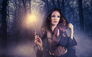 Woman forest magic hat wand - fantasy magic free wallpaper