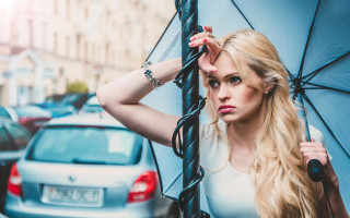 Woman umbrella parking lot fashion - a car and a building free wallpaper