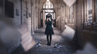 Woman hallway hat book building - free halloween wallpaper