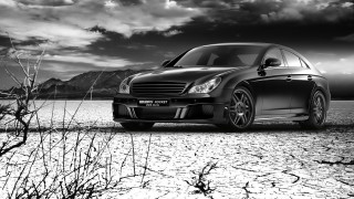 Black car field mountains lake - the background and a lake in the foreground free wallpaper for desktop