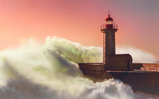 Lighthouse wave ocean sunset pink - stormy weather free wallpaper for desktop