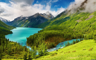 Mountain lake green trees cloudy - a cloudy sky free wallpaper for desktop