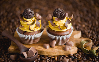 Cupcakes chocolate yellow frosting coffee - chocolate free wallpaper
