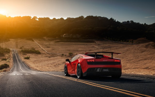 Red sports car sunset road - the sun free wallpaper for desktop