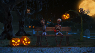 Skeletons bench cemetery pumpkins fullmoon - pumpkin free wallpaper