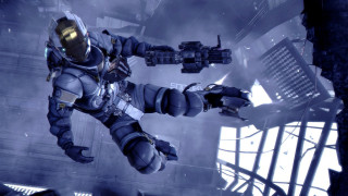 Space suit flying weapon cityscape - his hand and a helmet free wallpaper