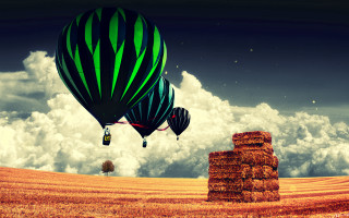 Large balloon overfield haytree surrealistic - over a field free wallpaper