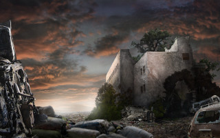 Destroyed building car garbage dark - a dark sky in the background free wallpaper