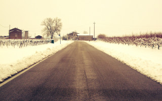 Snowy road fence house trees - andrea orcagna free wallpaper