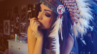 Woman feather headdress leaning dresser - chica macnab free wallpaper for desktop