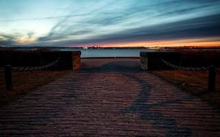Fence pathway sunset city river - fitz henry lane free wallpaper for desktop
