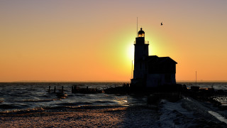 Lighthouse beach sunset waves boat - fitz henry lane free wallpaper