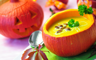 Pumpkin soup bowl spoon napkin - professional food photography free wallpaper for desktop