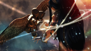 Woman bird wings city sky - her hand and a bird free wallpaper