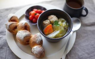 Plate soup pastries coffee spoon - food photography free wallpaper for desktop