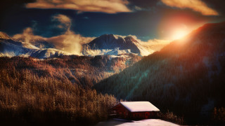 Mountain house sunset clouds landscape - a sunset in the background free wallpaper for desktop