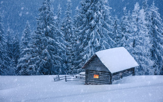 Snowy cabin forest night milky - artur grottger free wallpaper