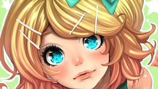 Cartoon girl blue eyes green - a green bow free wallpaper