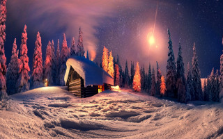 Cabin snowy forest night full - a full moon in the sky above free wallpaper