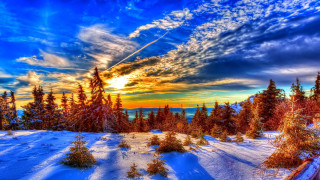 Sunset snowy landscape trees blue - bob ross free wallpaper for desktop