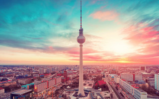Berlin skyline tower sunset cityscape - a colorful sky free wallpaper