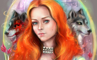 Red haired woman wolf circle - a rainbow background free wallpaper for desktop