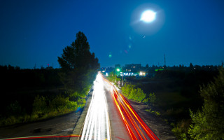 Night road moonlight trees landscape - long exposure free wallpaper