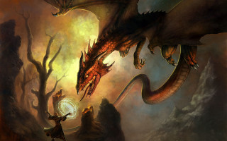 Dragon attack girl forest glowing - a painting of a dragon free wallpaper