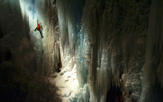 Frozen waterfall night climber flashlight - the ice free wallpaper