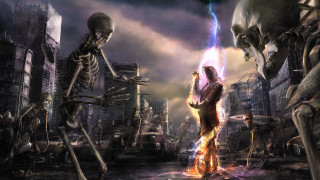 Skeletons city fire light couple - their hand and a man holding free wallpaper for desktop