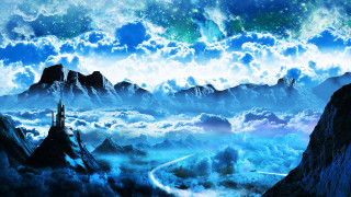 Mountain rainbow clouds fantasy planet - a painting of a mountain range free wallpaper