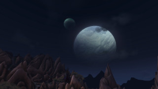 Planet mountains foreground castle crescentmoon - zenith view free wallpaper