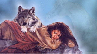 Woman wolf painting laying back - storybook illustration free wallpaper
