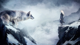 Woman mountain wolf cliff sword - top of a mountain next free wallpaper