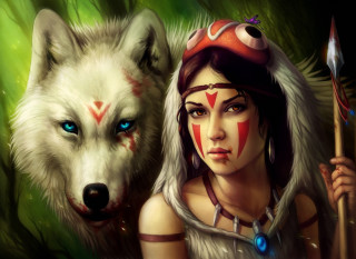 Woman wolf head face painting - digital painting free wallpaper