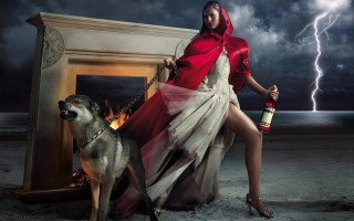Woman red cape dog leash - a fireplace free wallpaper