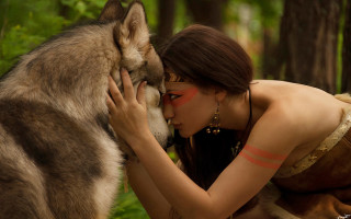 Woman kissing wolf red white - woman free wallpaper