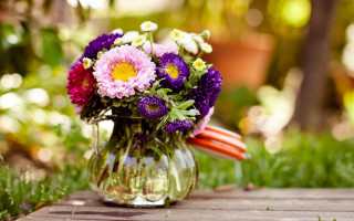 Vase purple white flowers garden - a wooden table free wallpaper