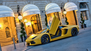Yellow sports car night city 3 - art deco free wallpaper