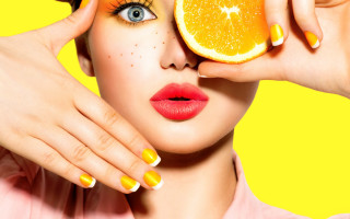 Woman orange face nails holding - bright color free wallpaper